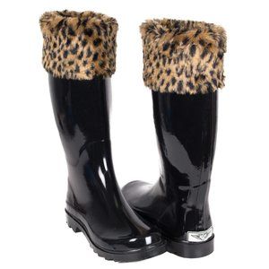 Women's Black Rubber Rain Boots w/ Leopard Cuff